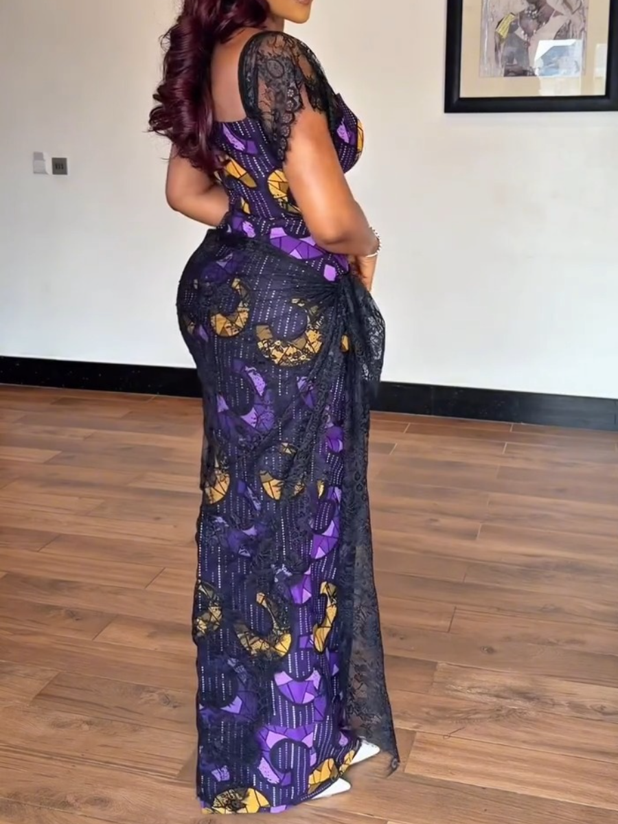 Purple & Gold Ankara Maxi Dress with Black Lace Overlay