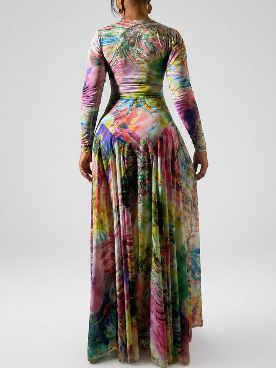 Vibrant Tie-Dye Spiral Print Long Sleeve Maxi Dress