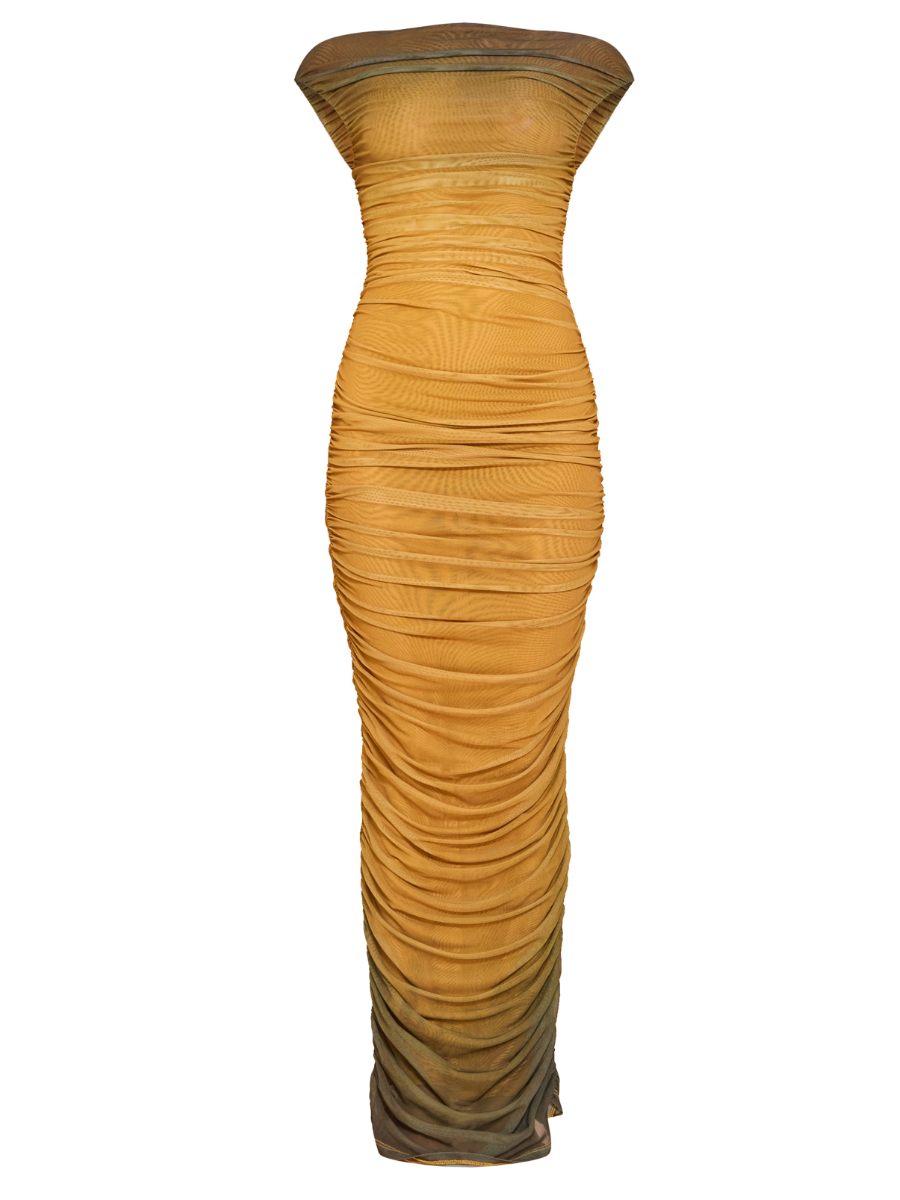 Lined Mesh Ruched Dress