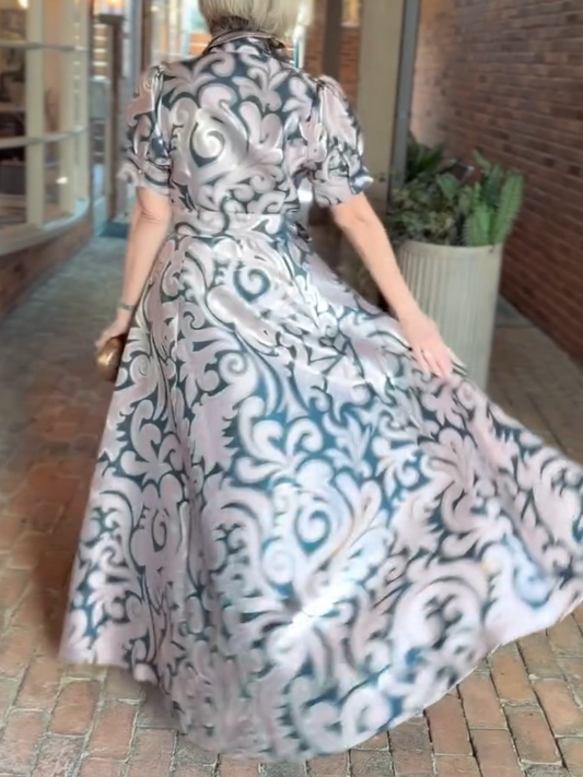 Elegant Teal & Gold Jacquard Button Down Maxi Dress