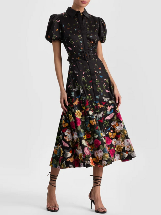 Midnight Garden Puff Sleeve Belted Midi Shirt Dress