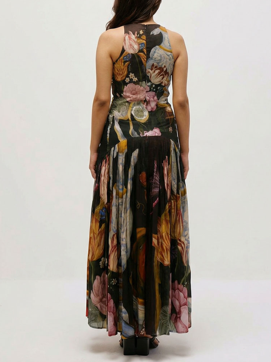 Exquisite Botanical Print Sleeveless Pleated Maxi Dress