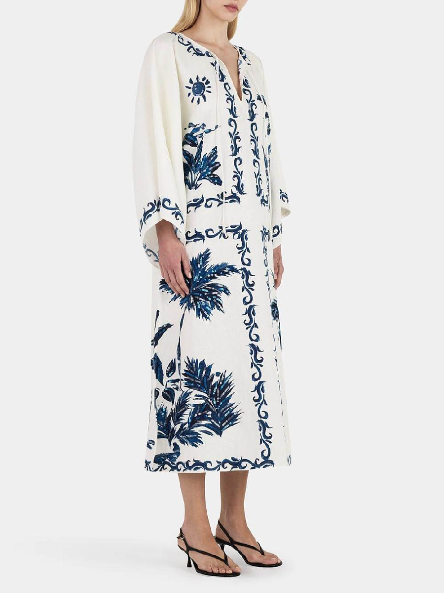 Vintage Hawaiian Print Sequined Midi Dress