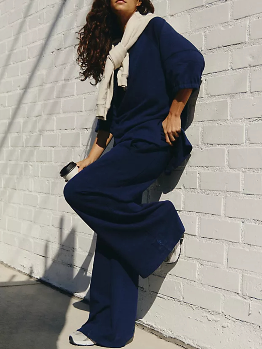 V-Neck Elastic Cuff Casual Set