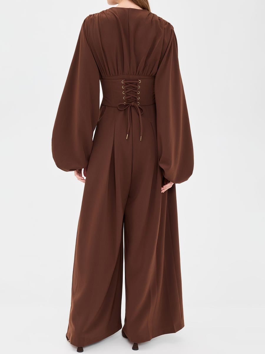 Deep V Neck Bubble Sleeve Jumpsuit