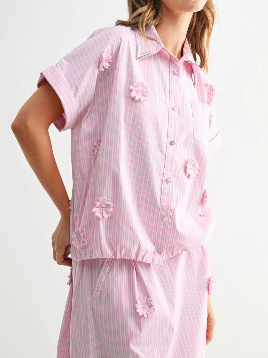 Pink Striped 3D Floral Embroidered Shirt & Midi Skirt Two-Piece Set