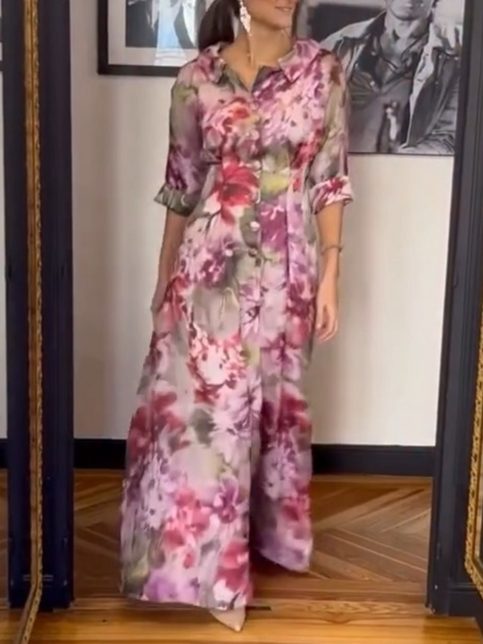 Elegant Watercolor Floral 3/4 Sleeve Maxi Dress