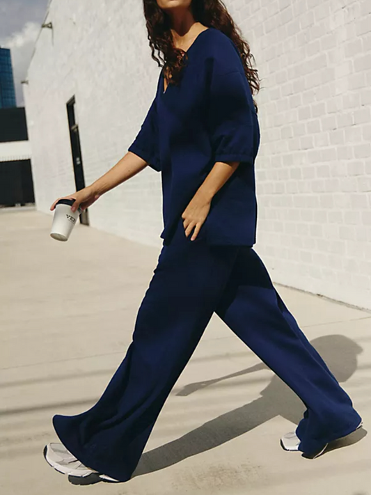 V-Neck Elastic Cuff Casual Set