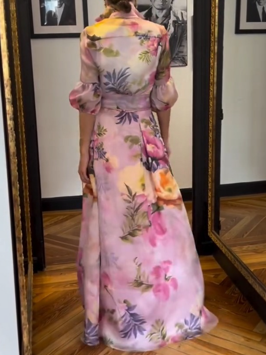 Elegant V-Neck Puff Sleeve Floral Print Maxi Wrap Dress
