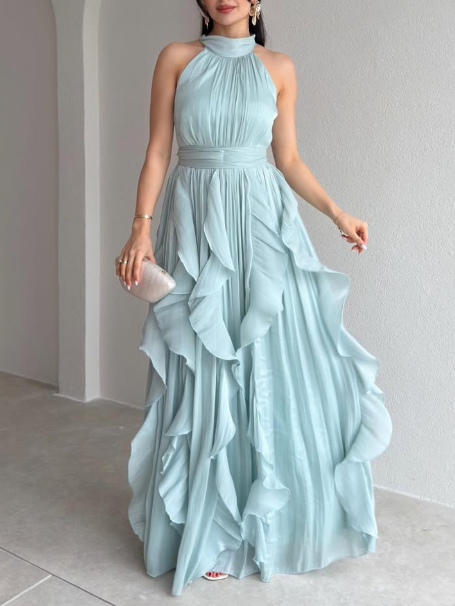 Halter Neck Ruffle Chiffon Maxi Dress