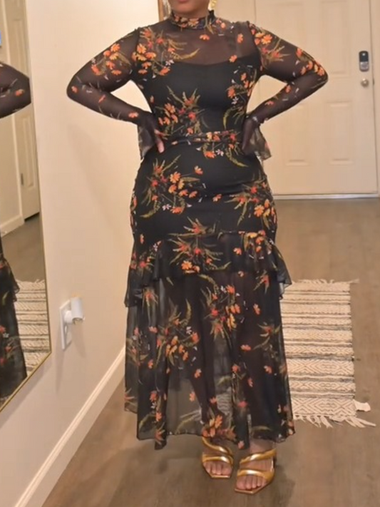 Floral Mesh Ruffle Maxi Dress