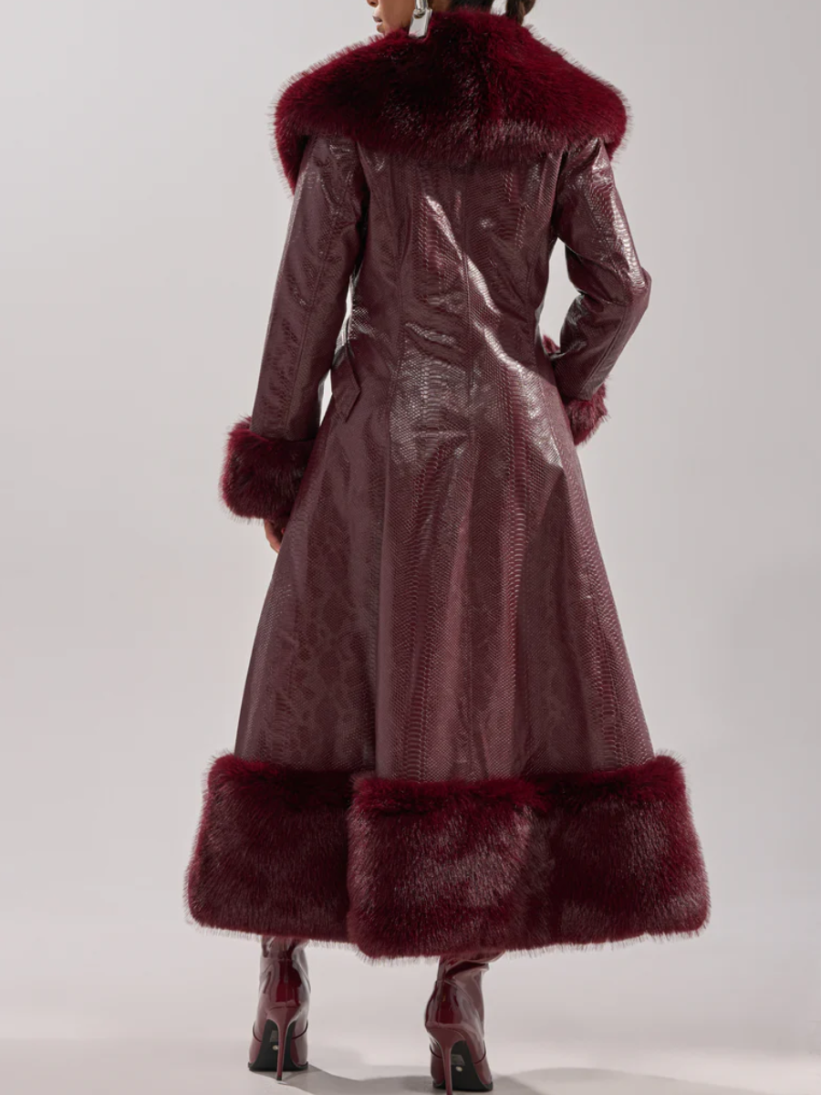 Burgundy Vivian Fur Trimmed Trench Coat