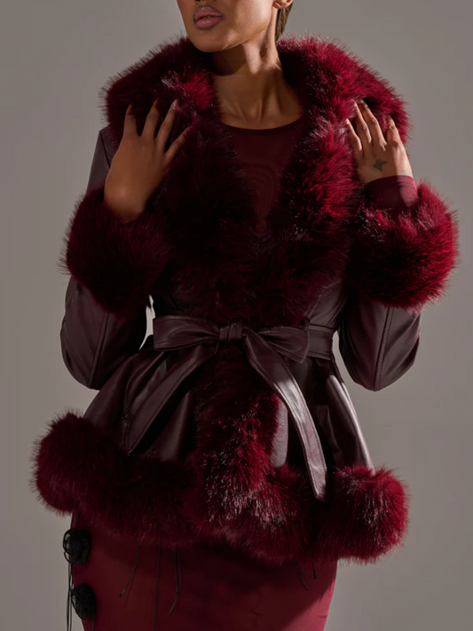 Burgundy Faux Fur Trim Moto Jacket