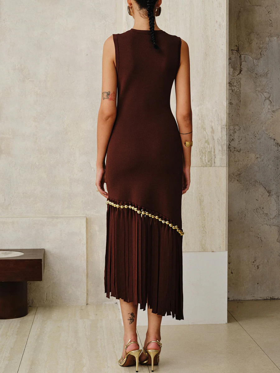 Asymmetric Fringe Metal Bead Detail Dress