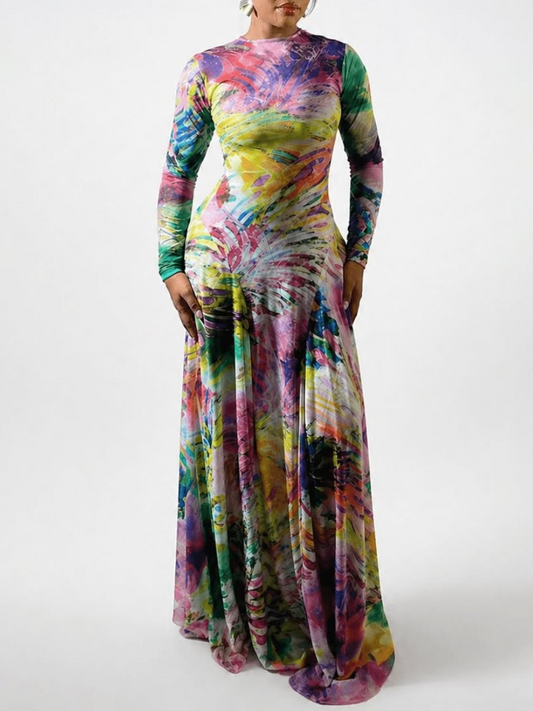 Vibrant Tie-Dye Spiral Print Long Sleeve Maxi Dress
