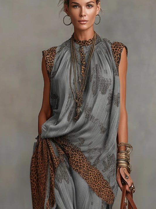 Gray And Leopard Print Layered Two-Piece Set