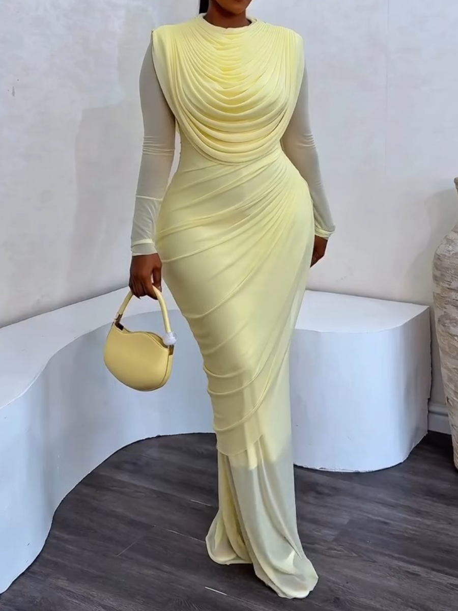Elegant Draped Mesh Bodycon Maxi Dress