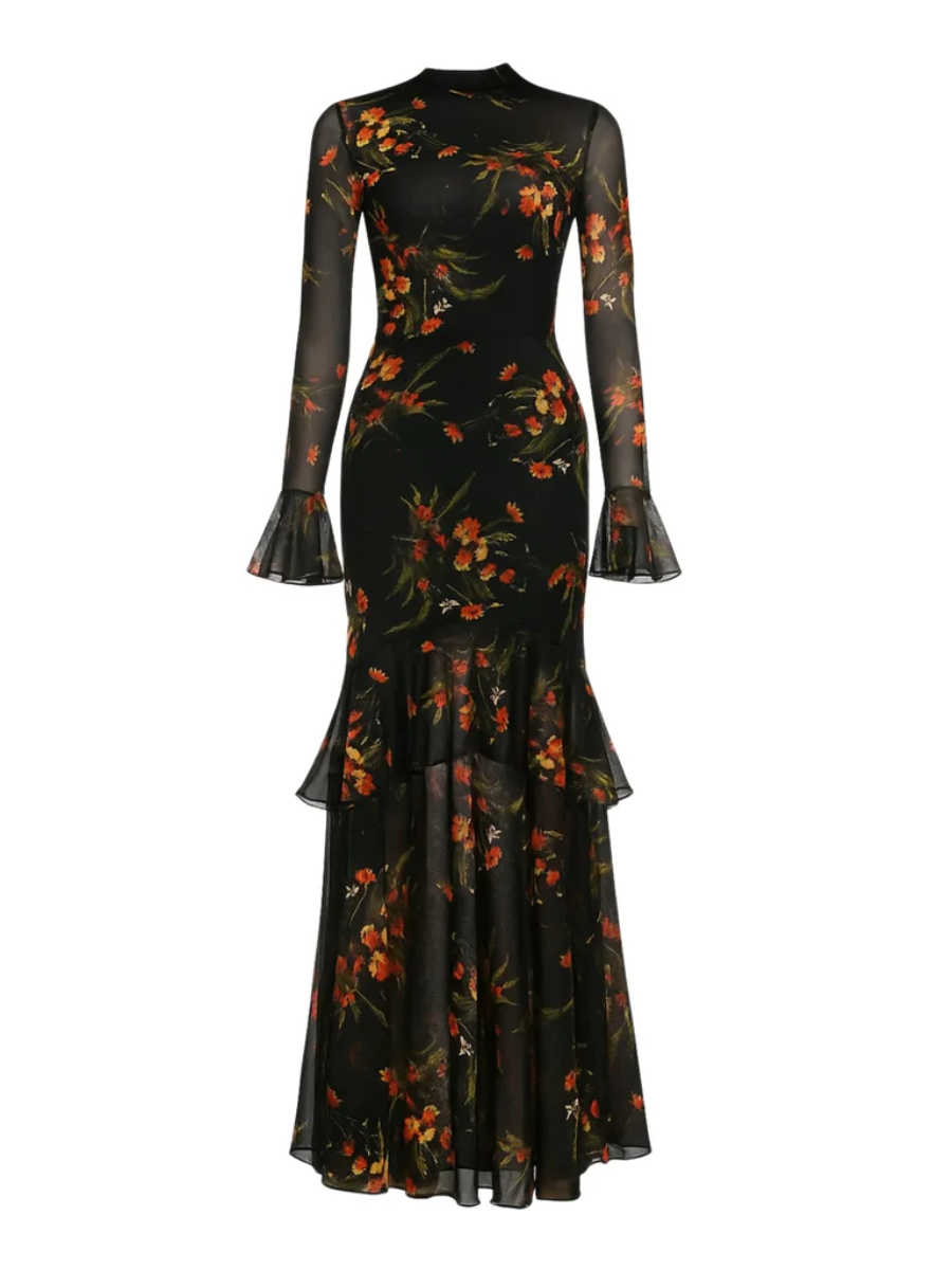 Floral Mesh Ruffle Maxi Dress