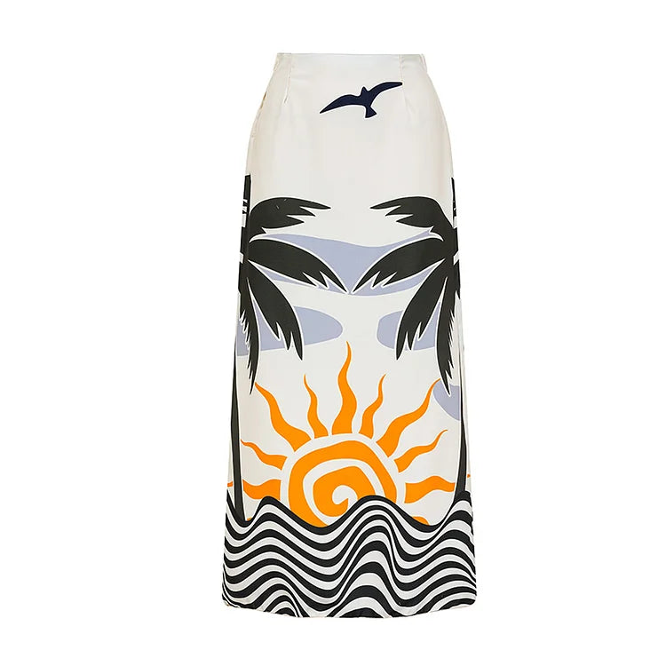 Halter Backless Tropical Print One Piece Swimsuit and Skirt