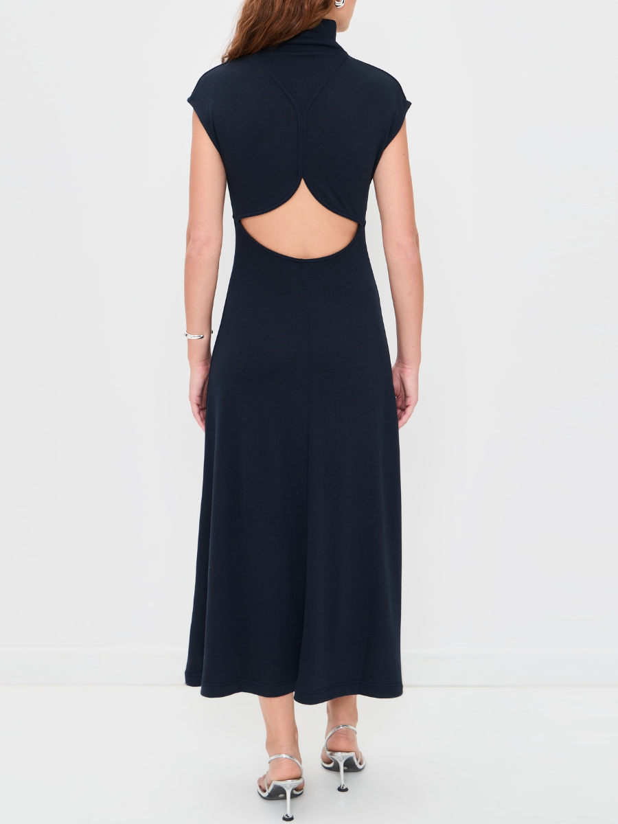 Navy Mock Neck Ribbed Dress