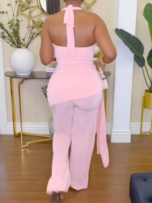 Women's Pink Halter Two Piece Set