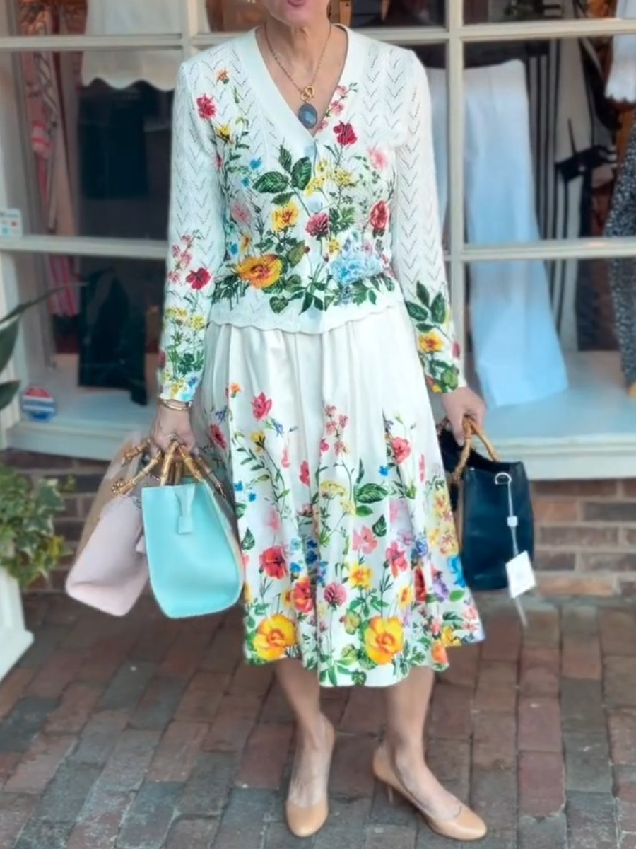 V-Neck Floral Print Knit Cardigan & Pleated Midi Skirt Two-Piece Set