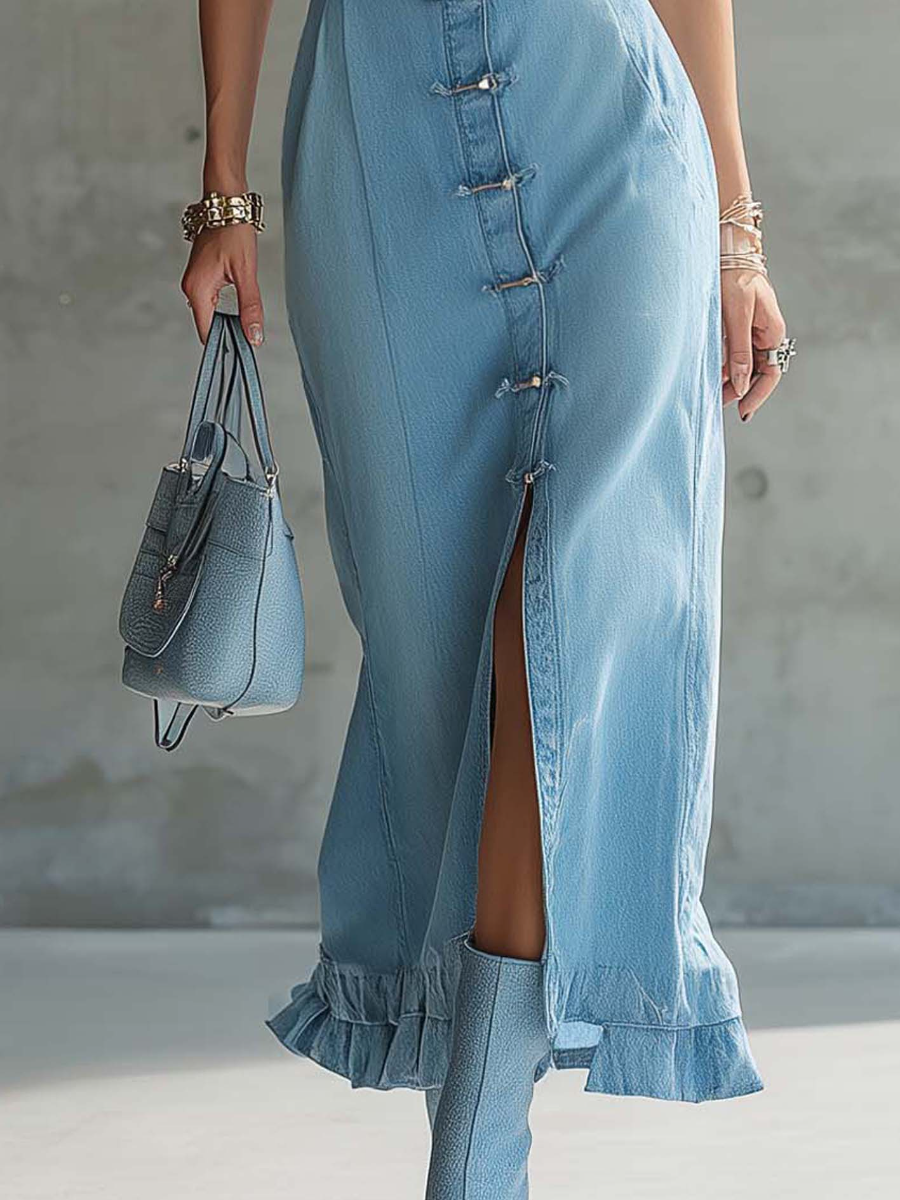 Button Front And Ruffled Hem Sleeveless Denim Dress