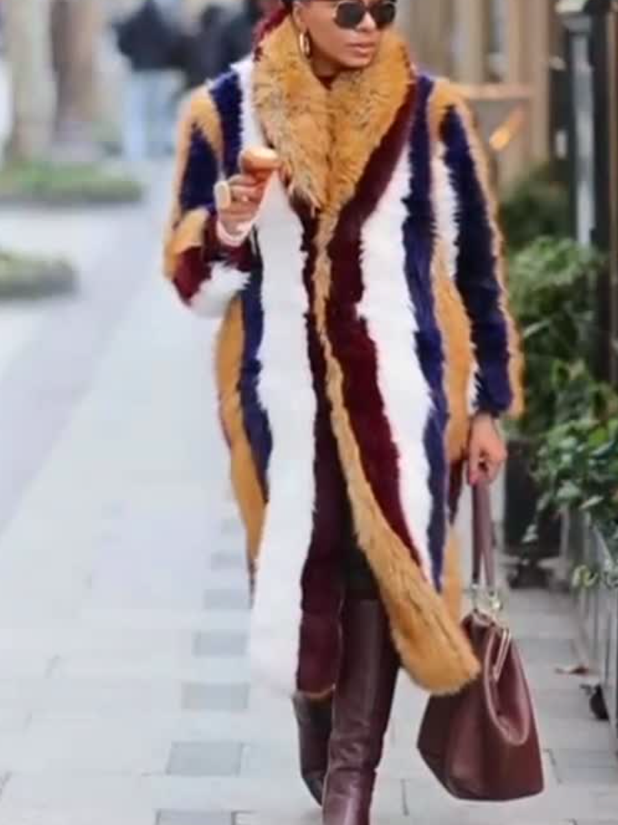 Faux Fur Contrast Vertical Stripe Coat