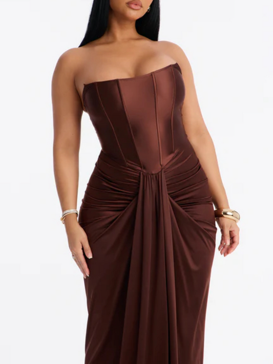 Brown Warm Horizon Satin Maxi Gown