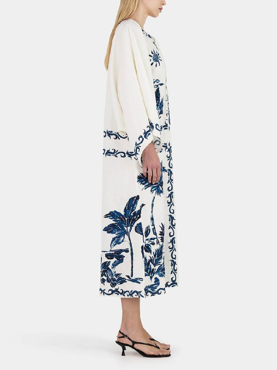 Vintage Hawaiian Print Sequined Midi Dress