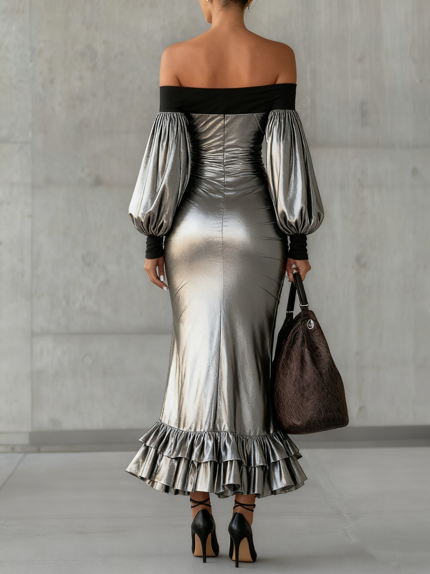 Off-shoulder Metallic Satin Side Slit Maxi Dress