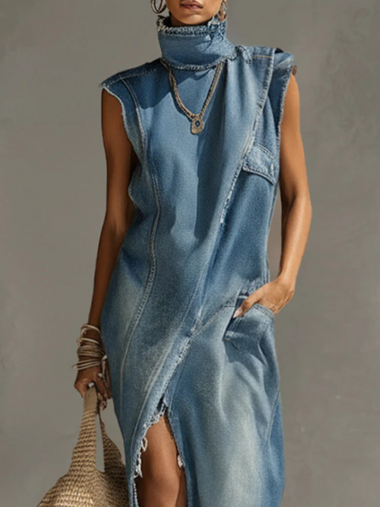 Blue Washed Denim Sleeveless High Neck Frayed Dress