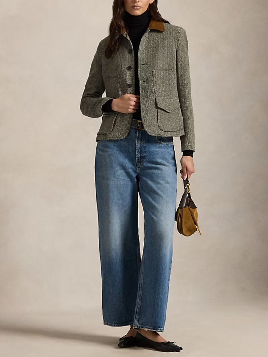 Suede-Trim Herringbone Jacket