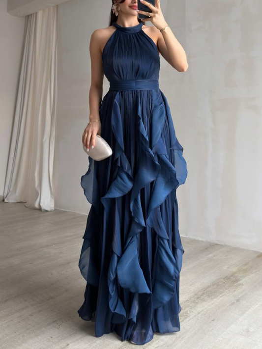 Halter Neck Ruffle Chiffon Maxi Dress