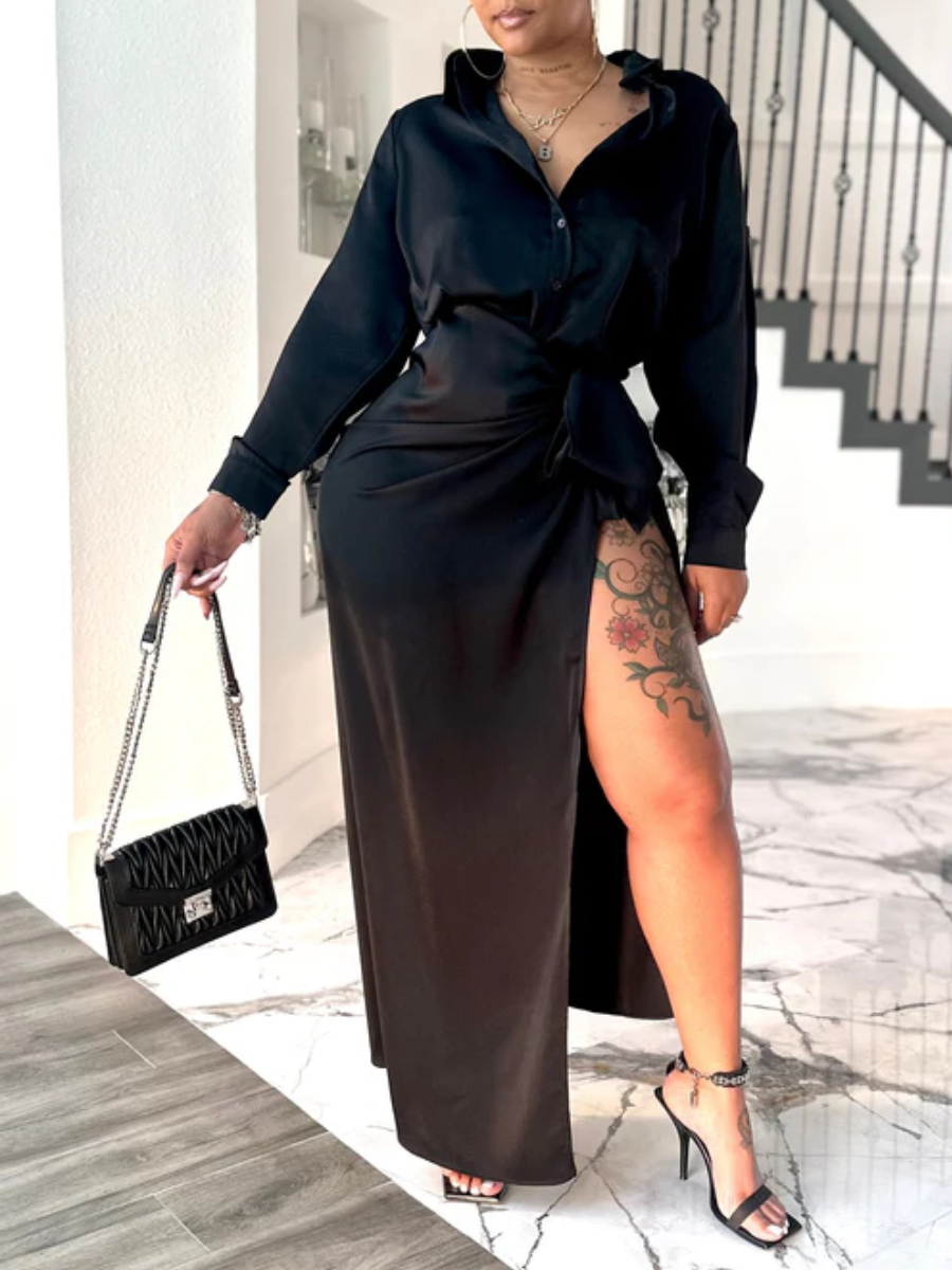 Long Sleeve Slit High-waisted Dress