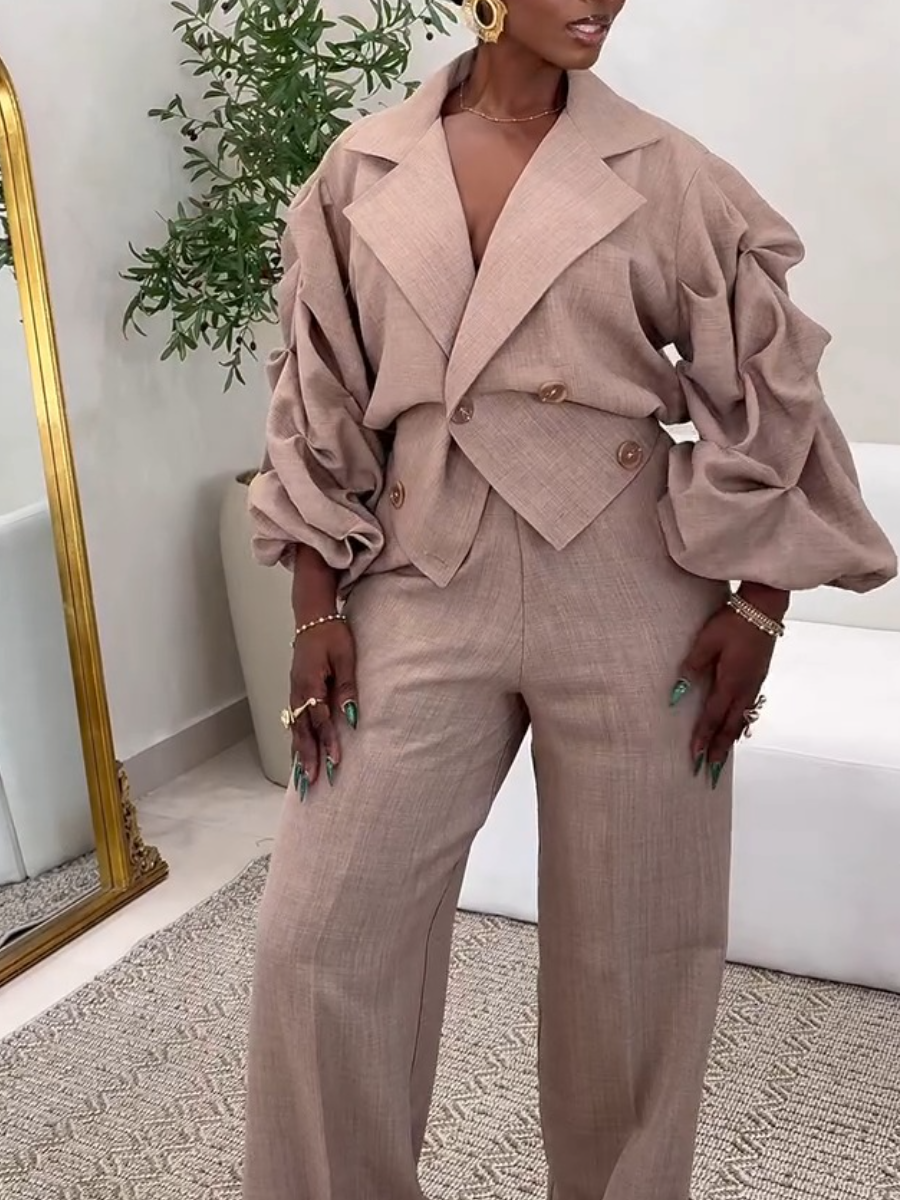 Lantern Sleeve Blazer Top And Wide Leg Pants Sets