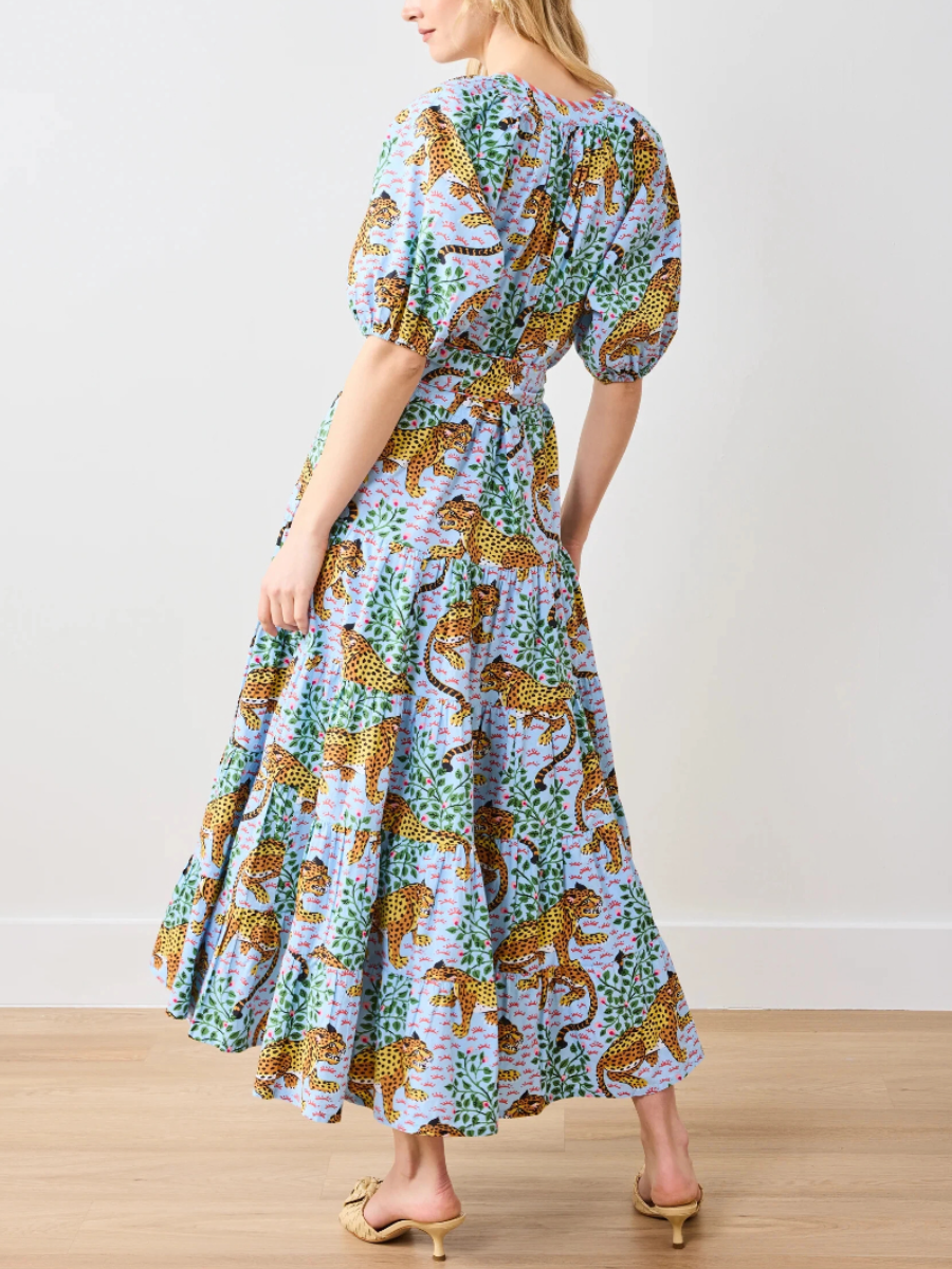 Tropical Leopard Print V-Neck Puff Sleeve Dress
