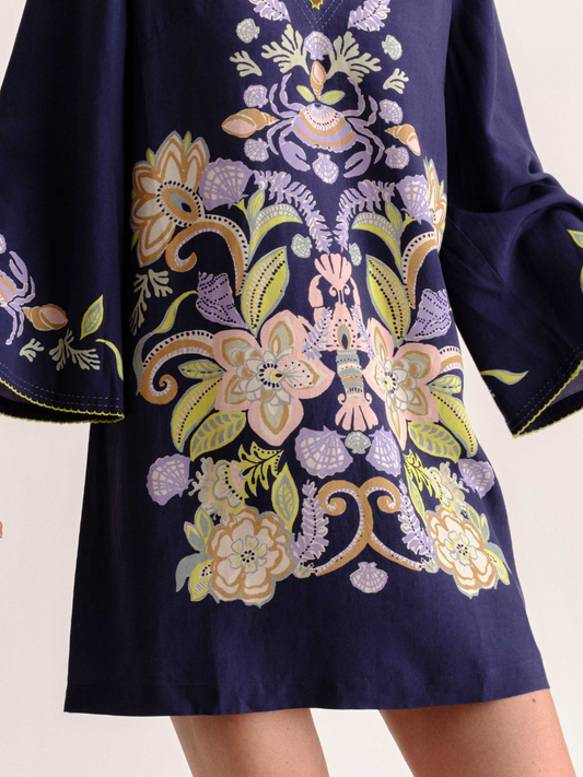 Coastal Floral Embroidered V-Neck Mini Dress with Bell Sleeves