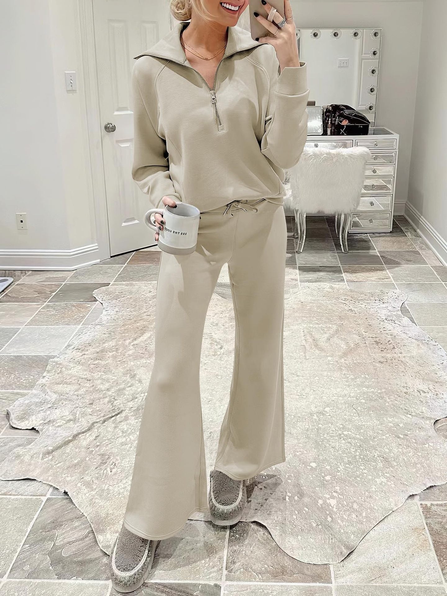 Casual Zippered Long Sleeved Two Piece Set