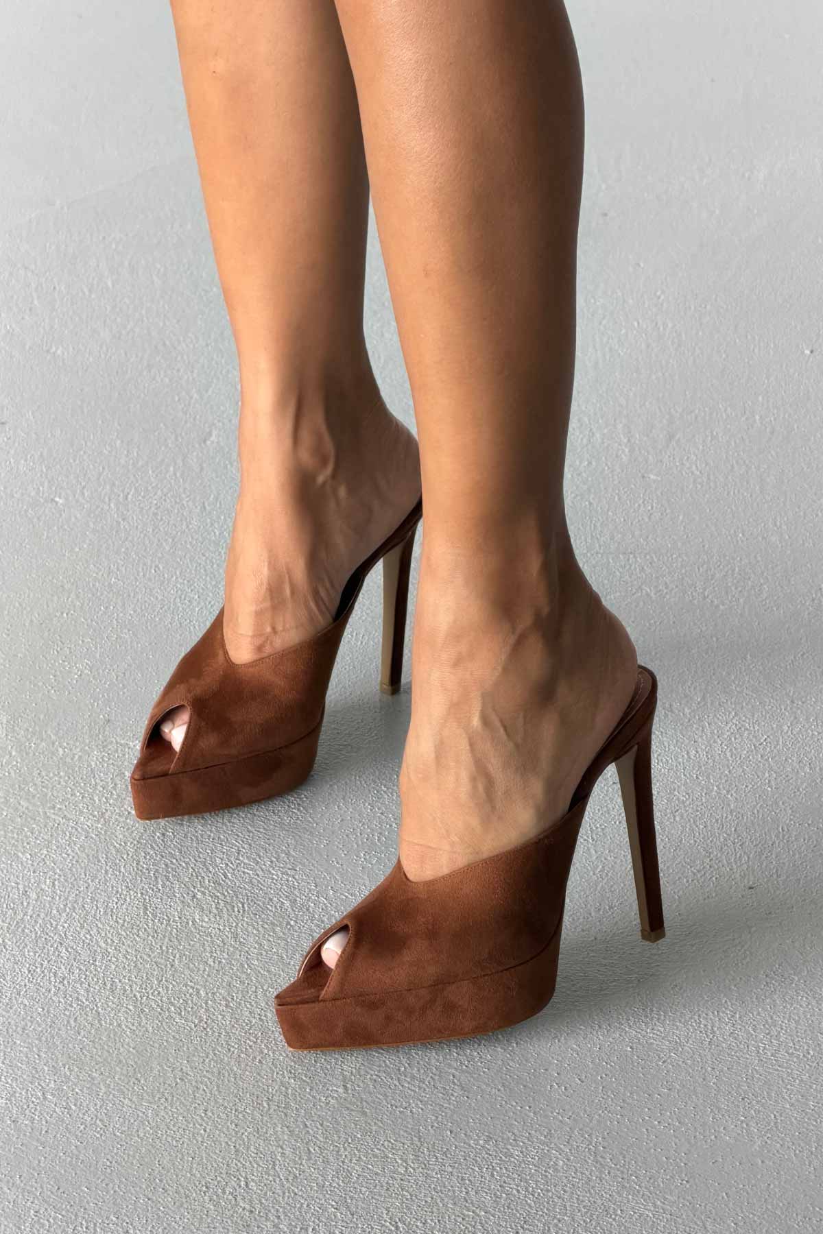 Women's Brown Suede Peep Toe Platform Heels