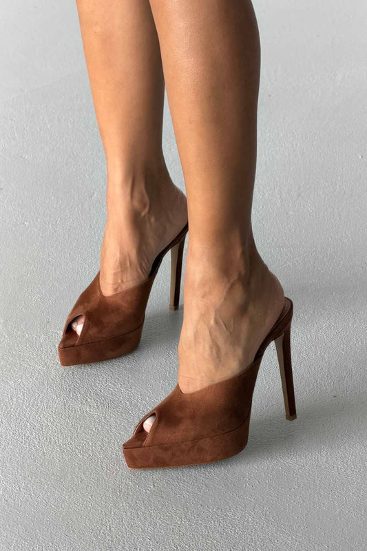 Women's Brown Suede Peep Toe Platform Heels