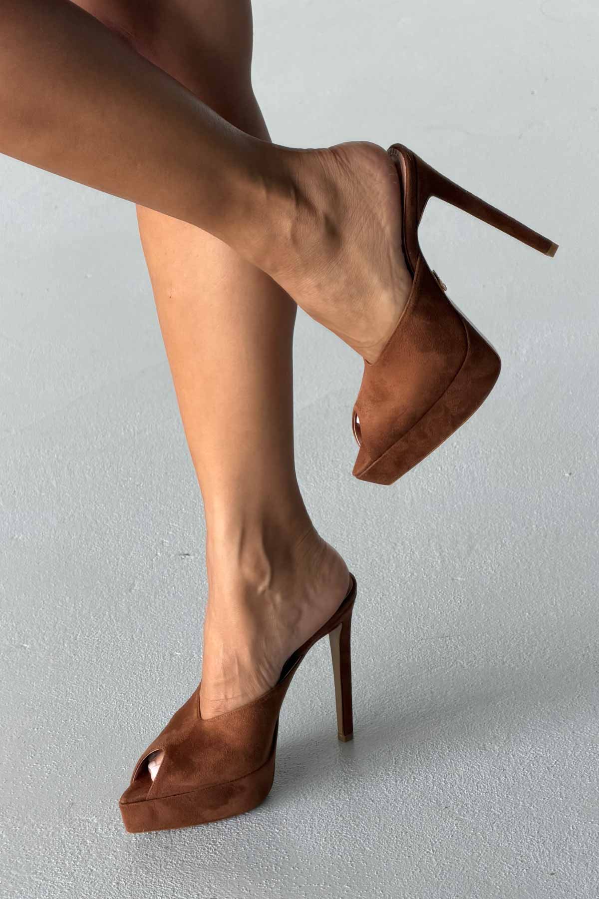 Women's Brown Suede Peep Toe Platform Heels