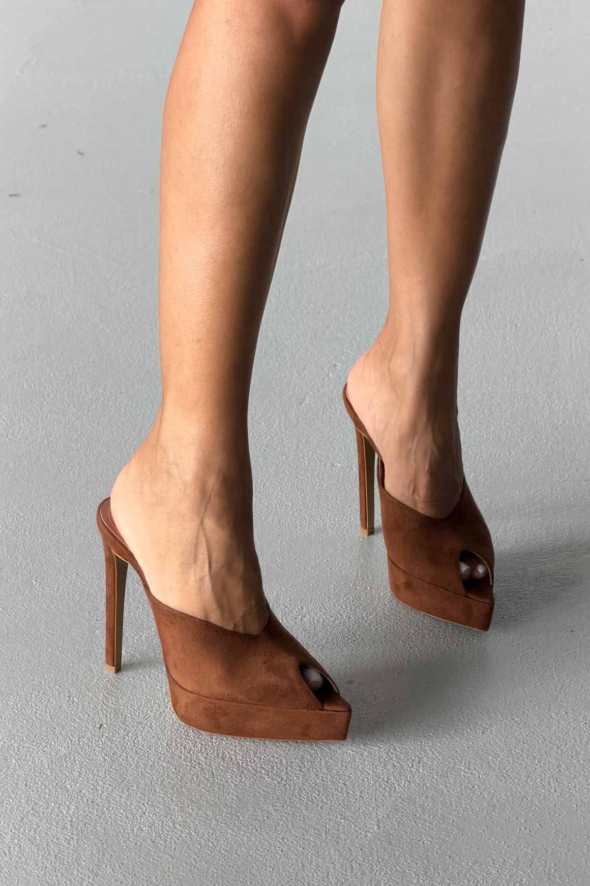Women's Brown Suede Peep Toe Platform Heels
