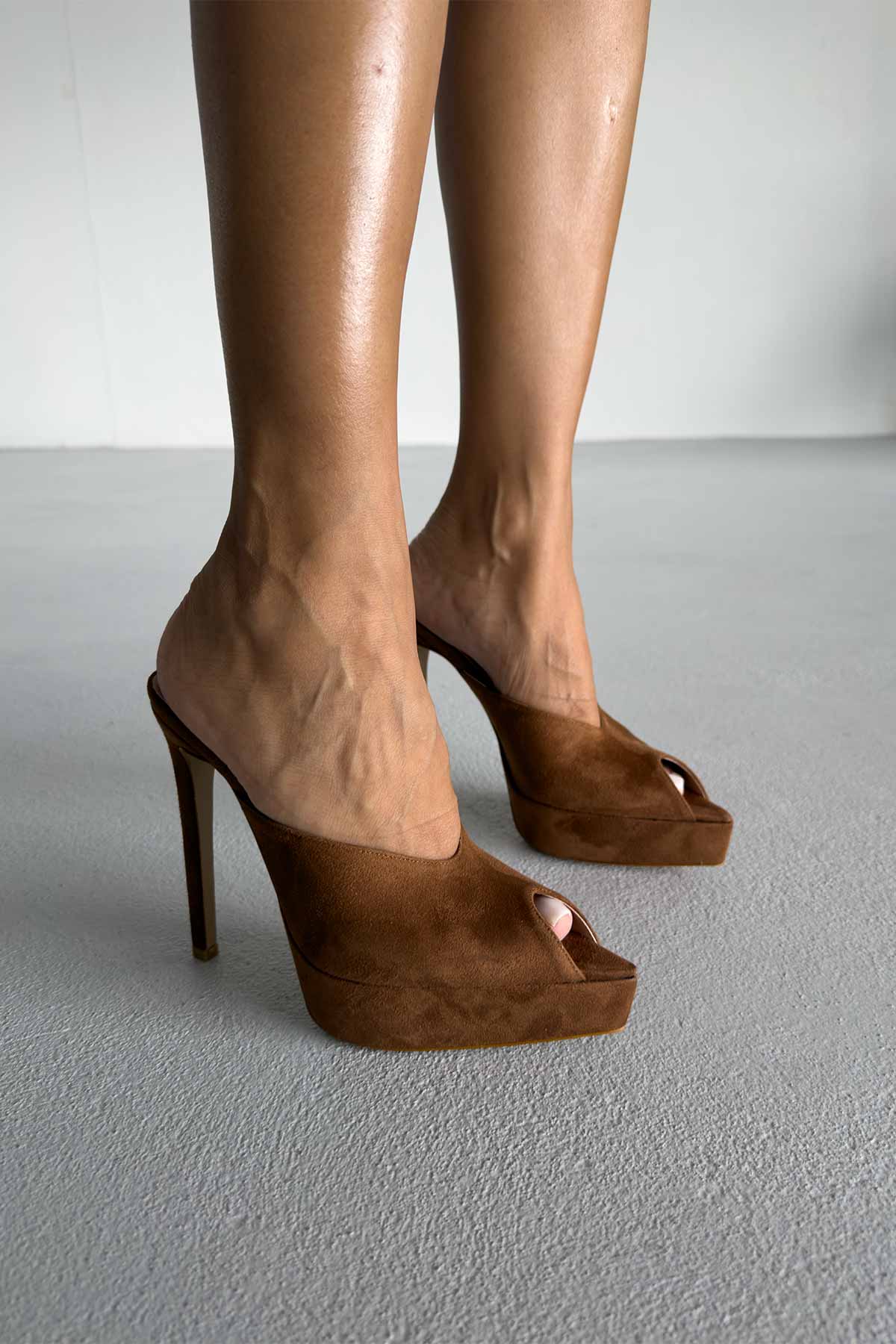 Women's Brown Suede Peep Toe Platform Heels