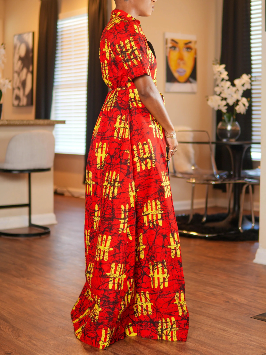 Red Yellow Print Maxi Shirt Jacket