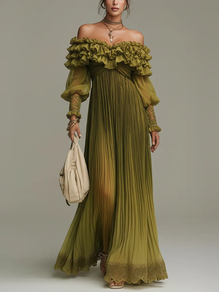 Olive Pleated Off Shoulder Chiffon Maxi Dress