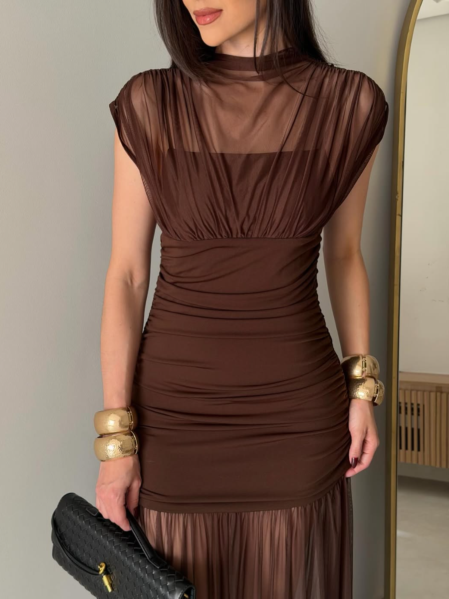 Elegant Sheer Mesh Ruched Dress