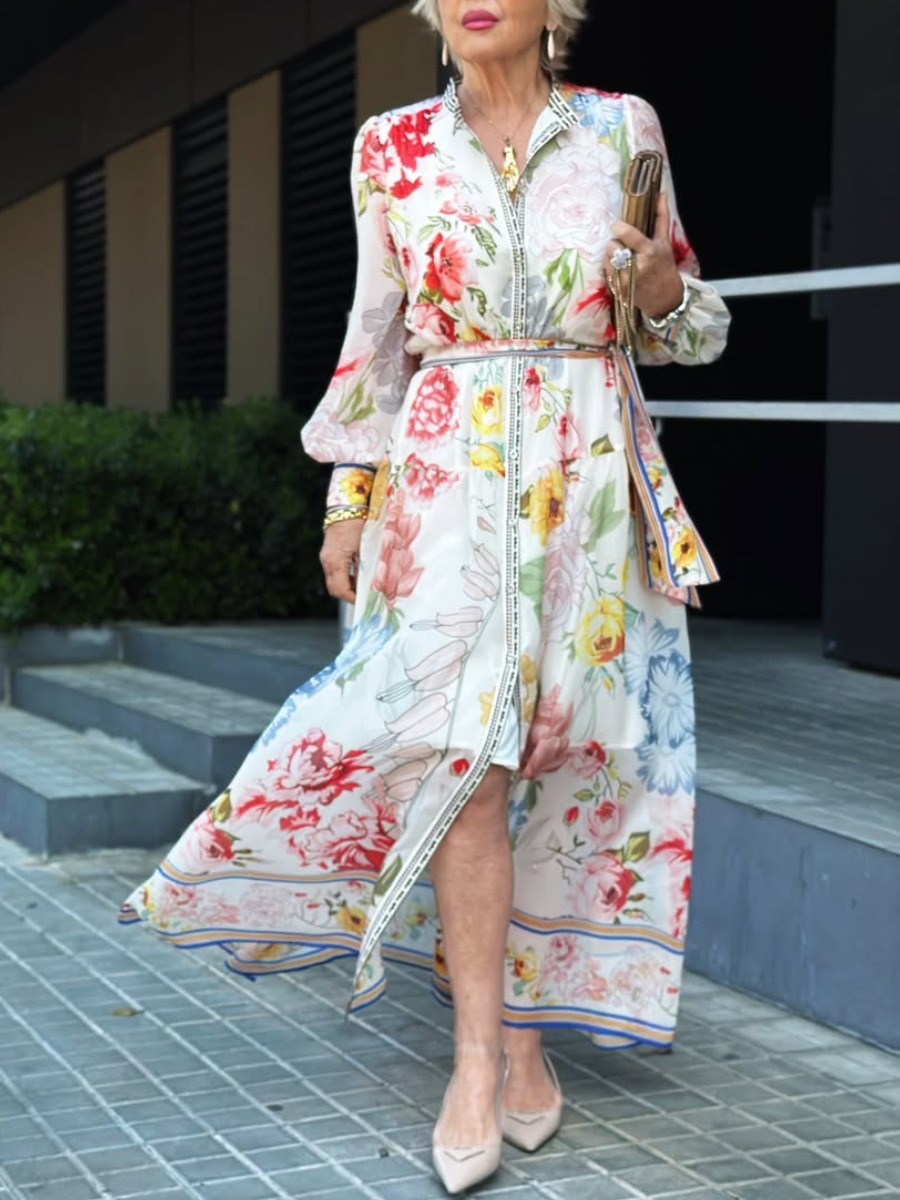Long Sleeve Collared Floral Print Belted Maxi Dress