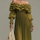 Olive Pleated Off Shoulder Chiffon Maxi Dress