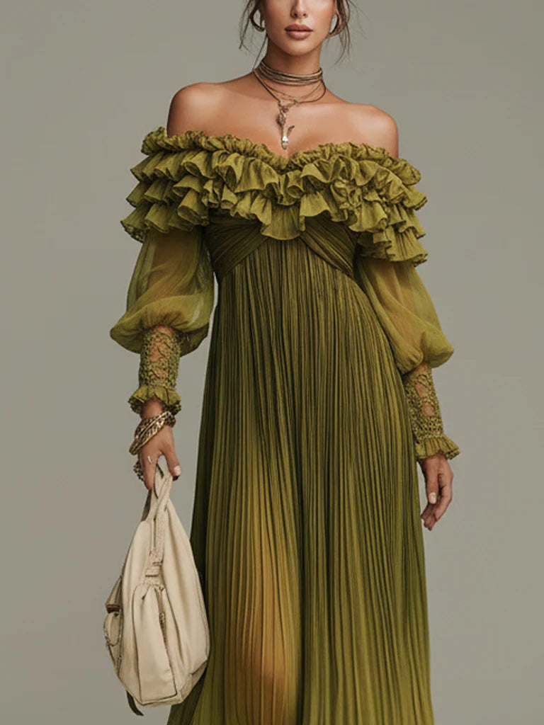 Olive Pleated Off Shoulder Chiffon Maxi Dress